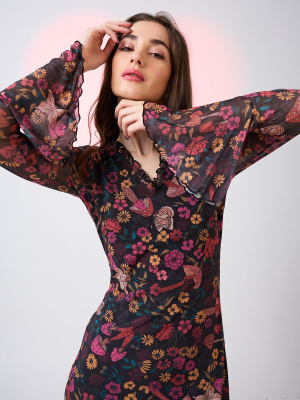 Globus Women Multicolor Frilled V-Neck Bell Sleeves Floral Print Front Slit Net Midi Bodycon Party Dress