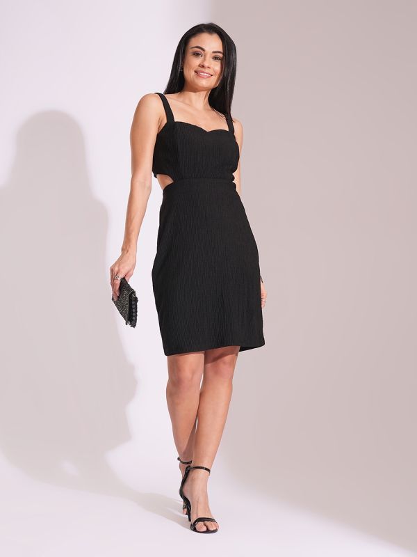 Globus Women Black Self Design Sweetheart Neck Strappy Shoulder Waist Cut-Out Detail Sheath Party Dress