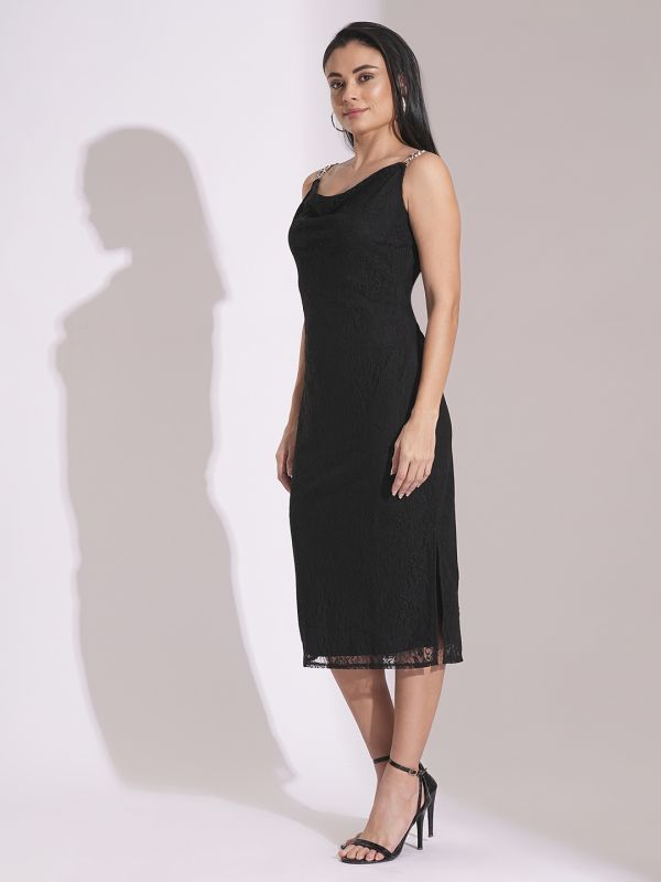 Globus Women Black Cowl Neck Metal Shoulder Straps Side Slits Lace Bodycon Midi Party Dress