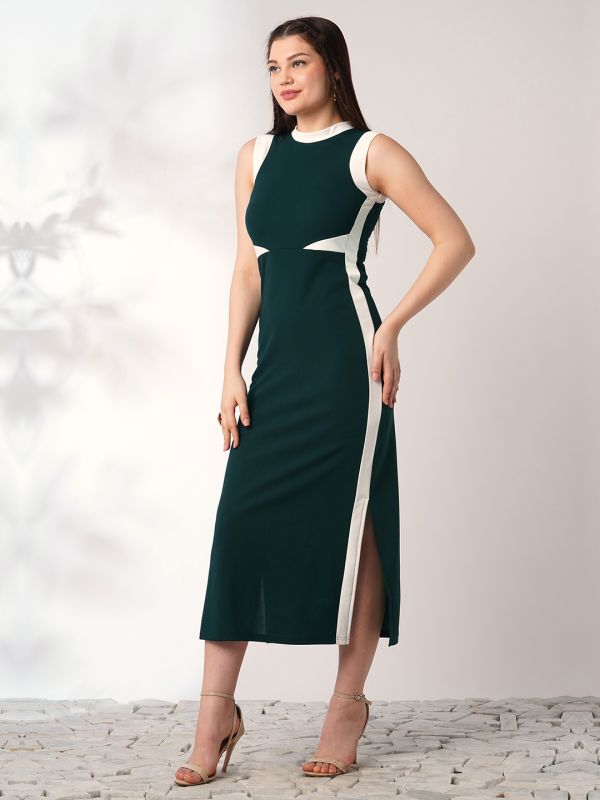Globus Women Green Round Neck Sleeveless Colourblock Side Slit Midi Bodycon Workwear Dress