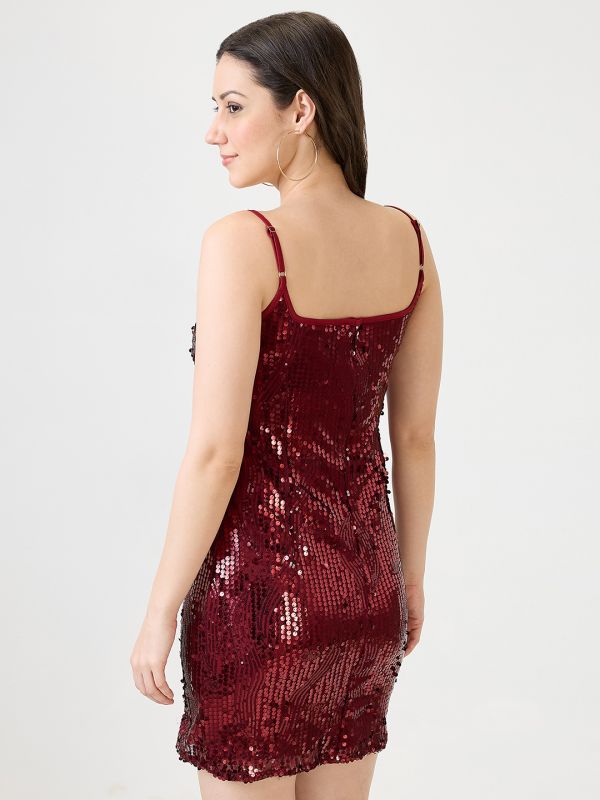 Globus Women Burgundy Sweetheart Neck Adjustable Strappy Sleeves Sequinned Mini Bodycon Party Dress
