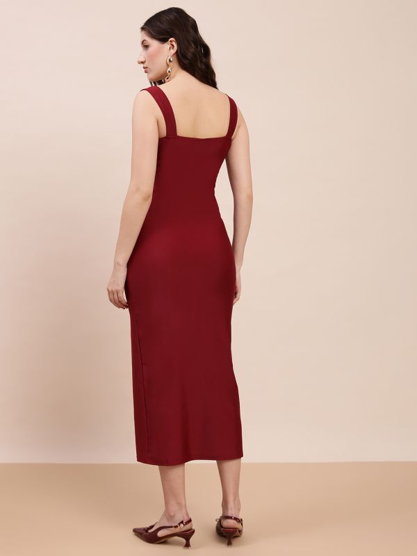Globus Women Maroon Square Neck Strappy Sleeves Bodycon Midi Party Dress 