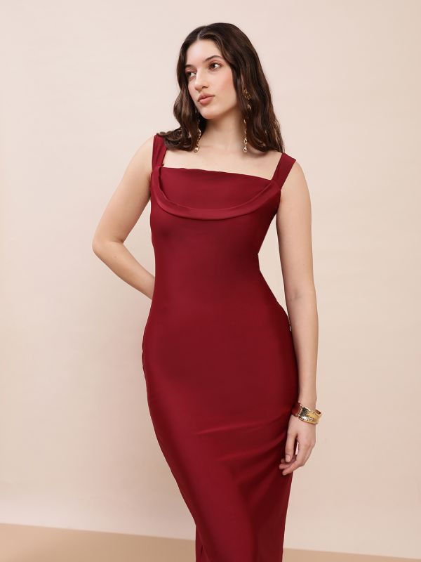 Globus Women Maroon Square Neck Strappy Sleeves Bodycon Midi Party Dress 