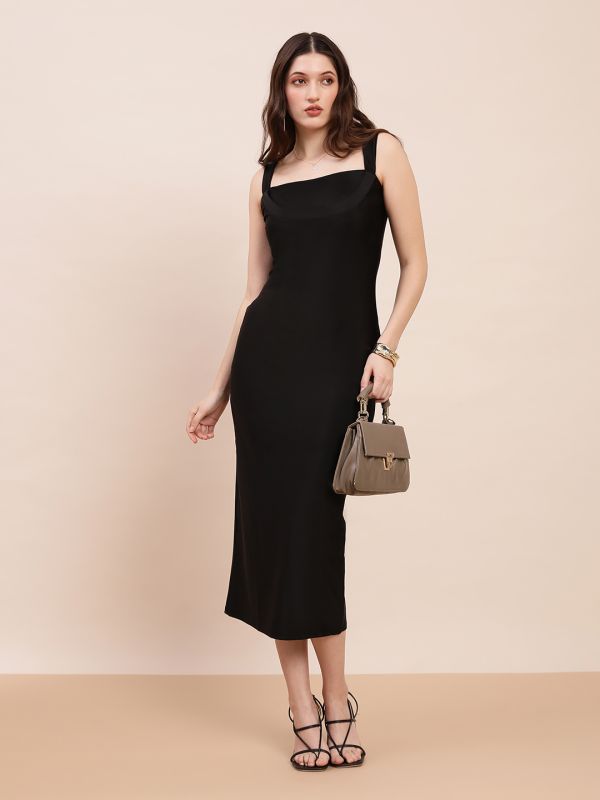 Globus Women Black Square Neck Strappy Sleeves Bodycon Midi Party Dress 
