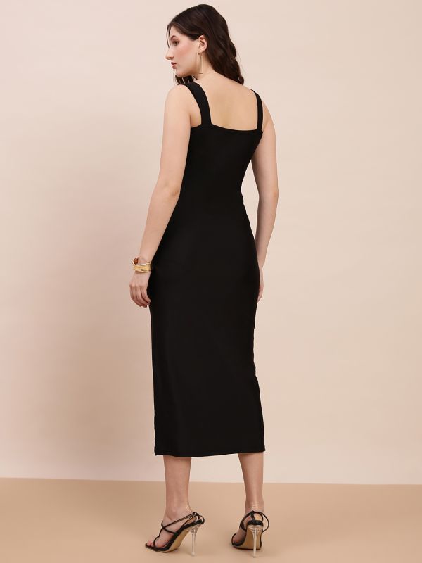 Globus Women Black Square Neck Strappy Sleeves Bodycon Midi Party Dress 