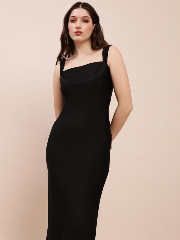 Globus Women Black Square Neck Strappy Sleeves Bodycon Midi Party Dress 