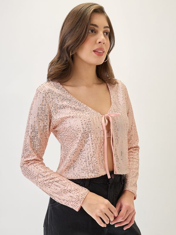 Globus Women Champagne Embellished Tie-Up Neck Long Sleeves Cropped Party Shrug