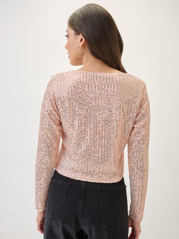 Globus Women Champagne Embellished Tie-Up Neck Long Sleeves Cropped Party Shrug