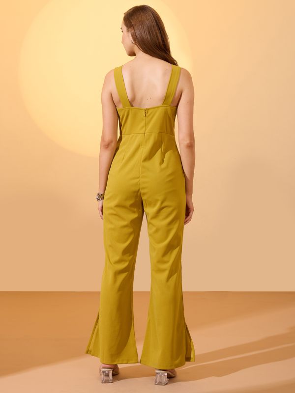Globus Women Lime Green Sweetheart Neck Strappy Shoulder Solid Side Slit Hem Party Jumpsuit