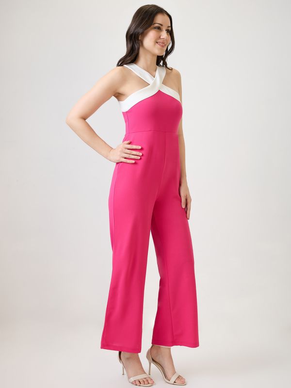 Globus Women Pink Halter Neck Stylized Back Party Jumpsuit
