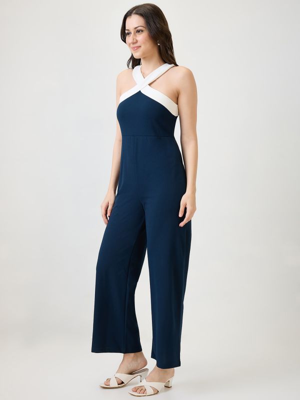 Globus Women Navy Blue Halter Style Back Neck Party Jumspuit