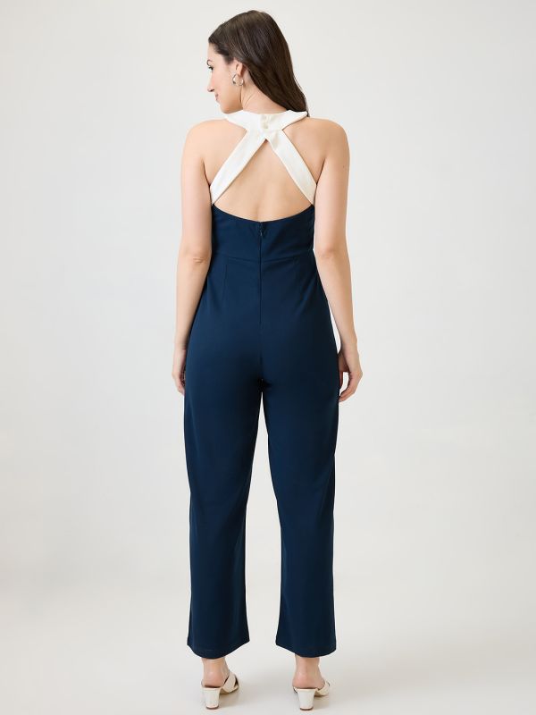 Globus Women Navy Blue Halter Style Back Neck Party Jumspuit