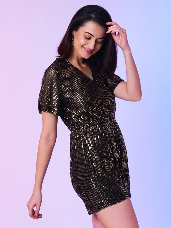 Globus Women Black Embellished Wrap Neck Mini Party Playsuit
