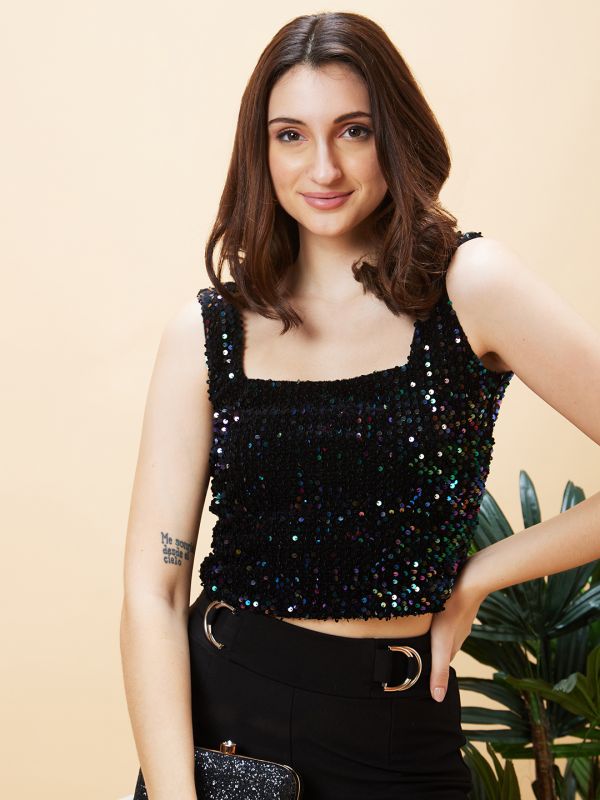 Globus Women Black Sequinned Embellished Square Neck Party Crop Top