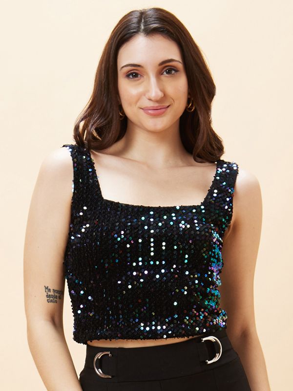 Globus Women Black Sequinned Embellished Square Neck Party Crop Top