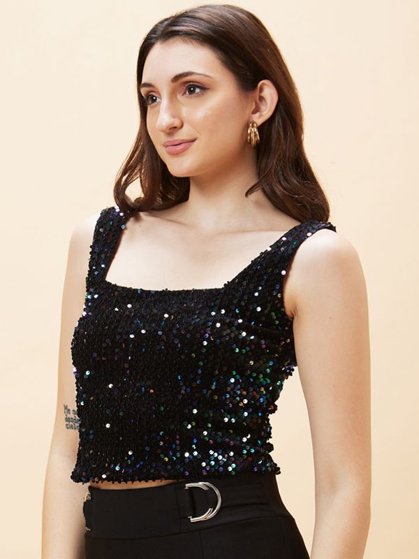 Globus Women Black Sequinned Embellished Square Neck Party Crop Top