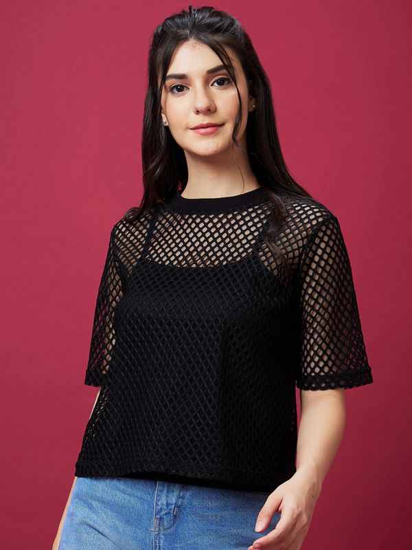 Globus Women Black Crew Neck Semi Sheer Net Party Top With Inner Slip