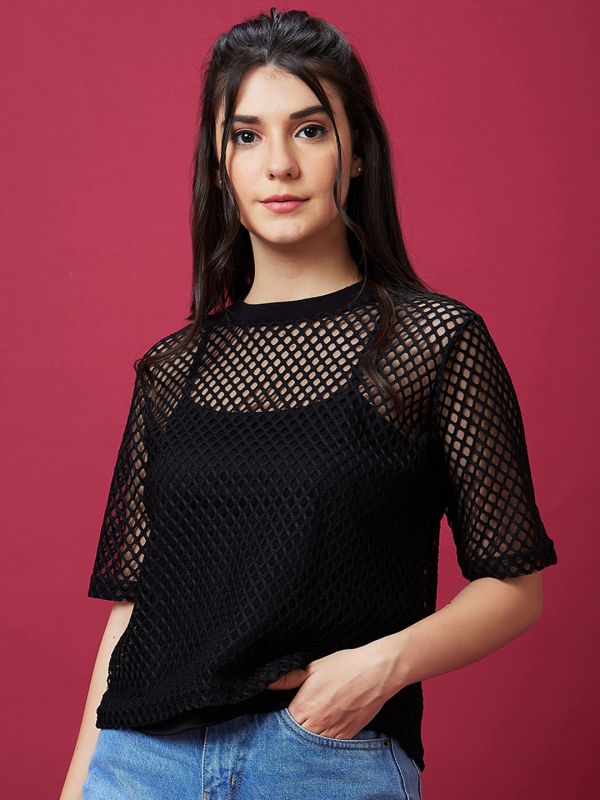 Globus Women Black Crew Neck Semi Sheer Net Party Top With Inner Slip