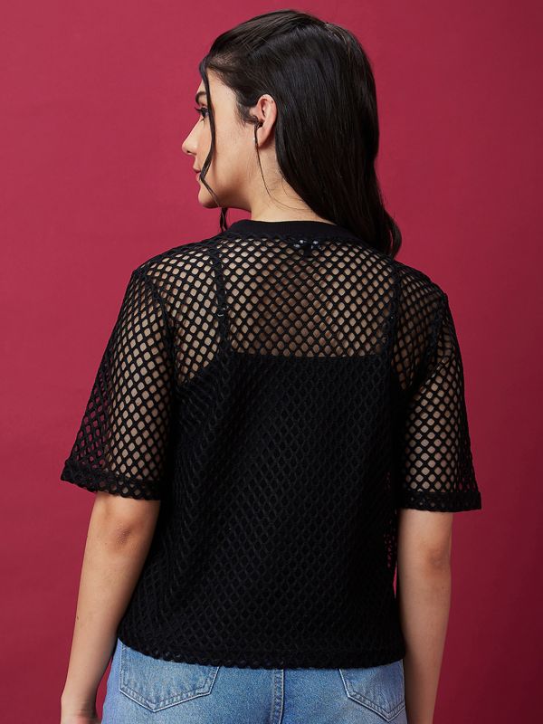 Globus Women Black Crew Neck Semi Sheer Net Party Top With Inner Slip