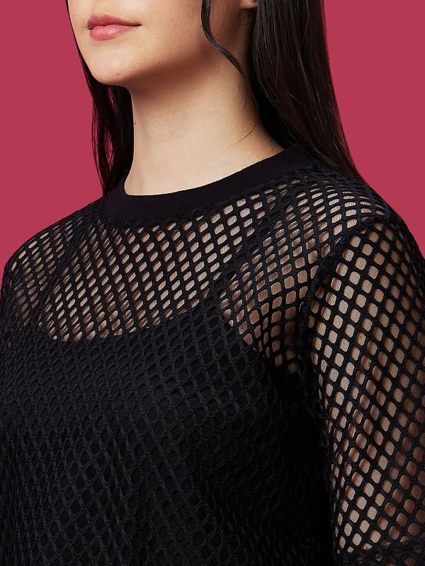 Globus Women Black Crew Neck Semi Sheer Net Party Top With Inner Slip