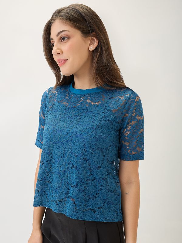 Globus Women Teal Round Neck Short Sleeves Opaque Floral Lace Party Top