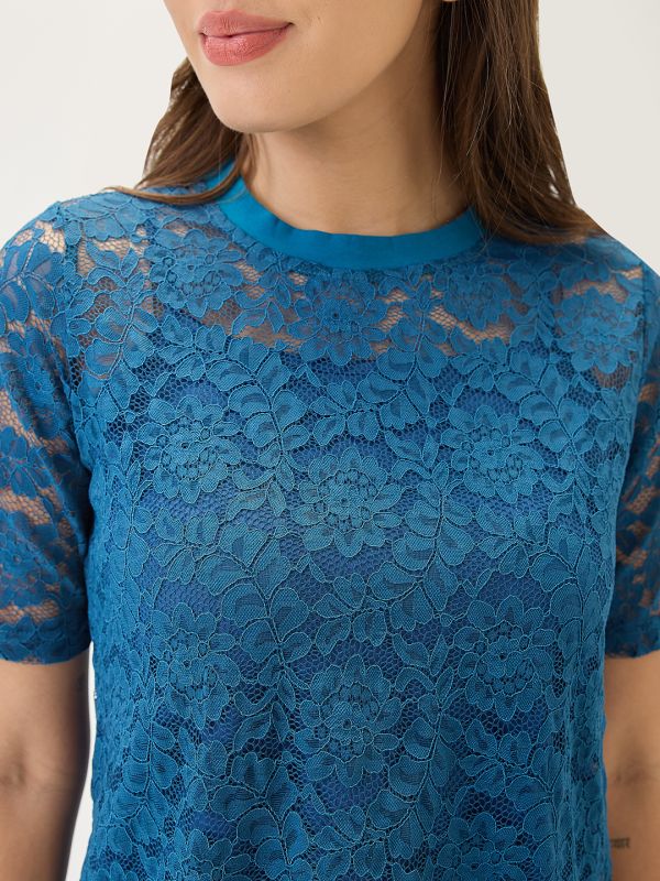 Globus Women Teal Round Neck Short Sleeves Opaque Floral Lace Party Top