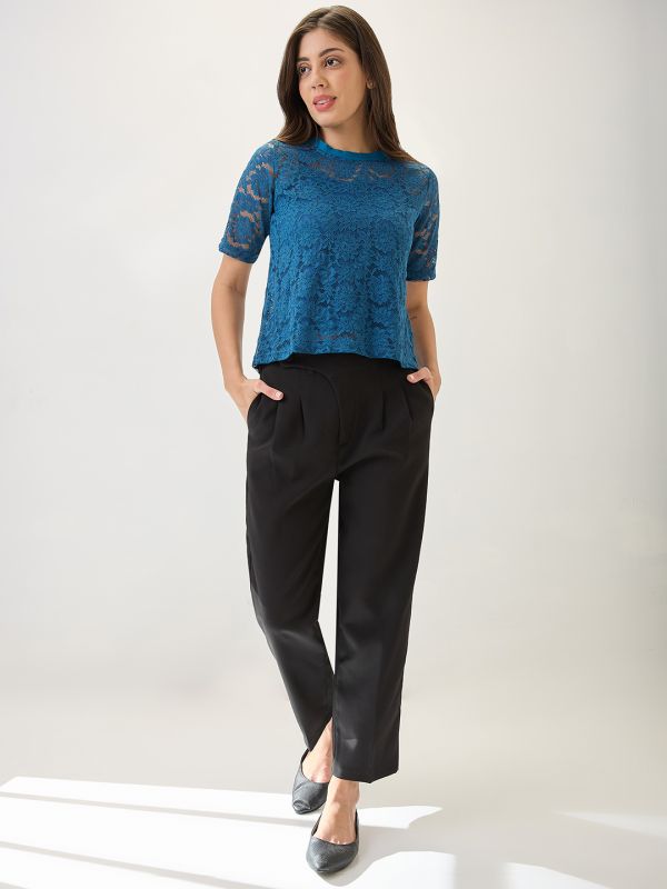 Globus Women Teal Round Neck Short Sleeves Opaque Floral Lace Party Top