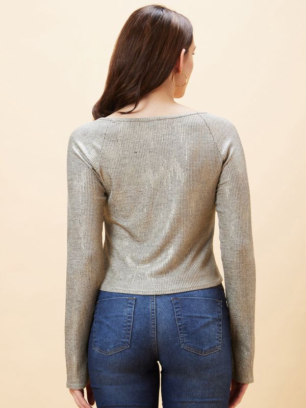 Globus Women Gold Stretchable Sweetheart Neck Reglan Sleeve Party Crop Top
