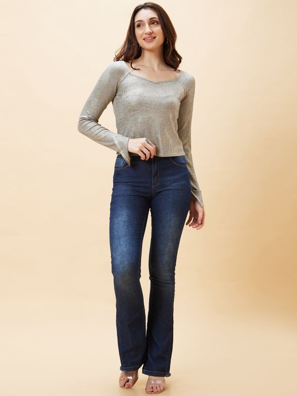 Globus Women Gold Stretchable Sweetheart Neck Reglan Sleeve Party Crop Top