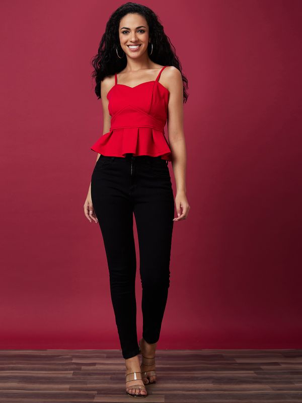 Globus Women Red Solid Strappy Sweetheart Neck Top
