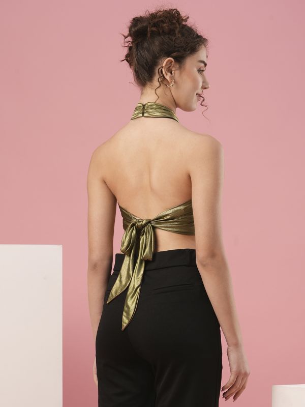 Globus Women Gold Halter Neck Sleeveless Party Top
