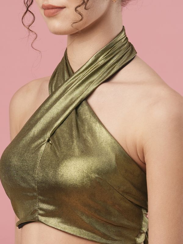 Globus Women Gold Halter Neck Sleeveless Party Top