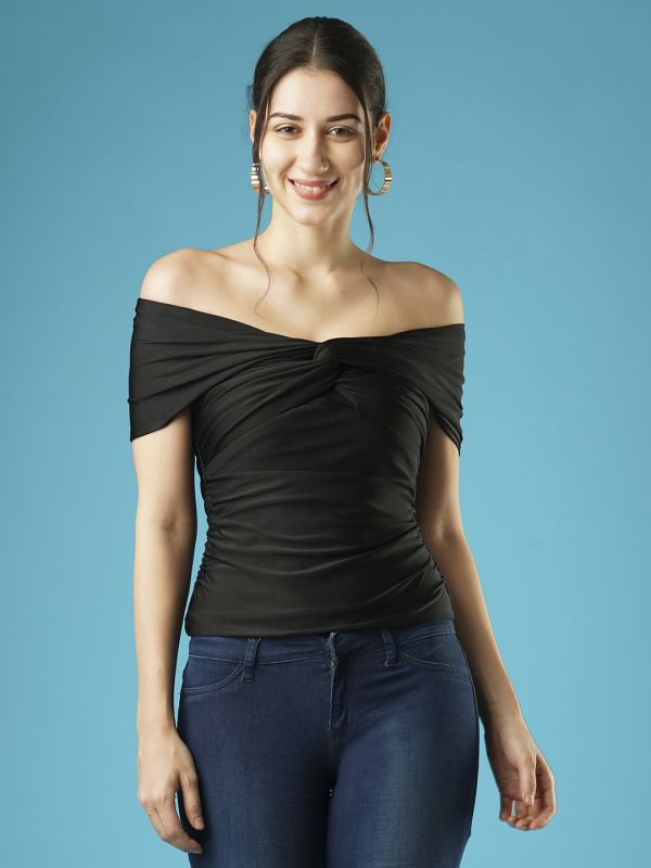 Globus Women Black Solid Twisted & Ruched Side Detail Stretchable Party Bardot Top