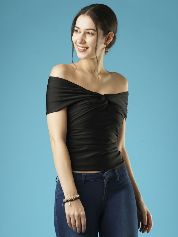 Globus Women Black Solid Twisted & Ruched Side Detail Stretchable Party Bardot Top