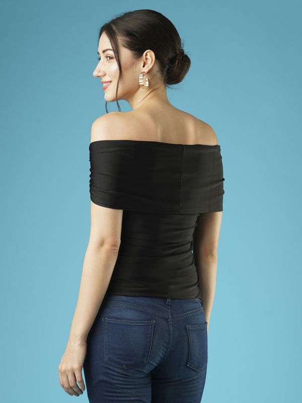 Globus Women Black Solid Twisted & Ruched Side Detail Stretchable Party Bardot Top