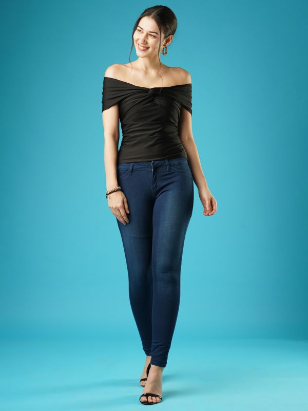 Globus Women Black Solid Twisted & Ruched Side Detail Stretchable Party Bardot Top