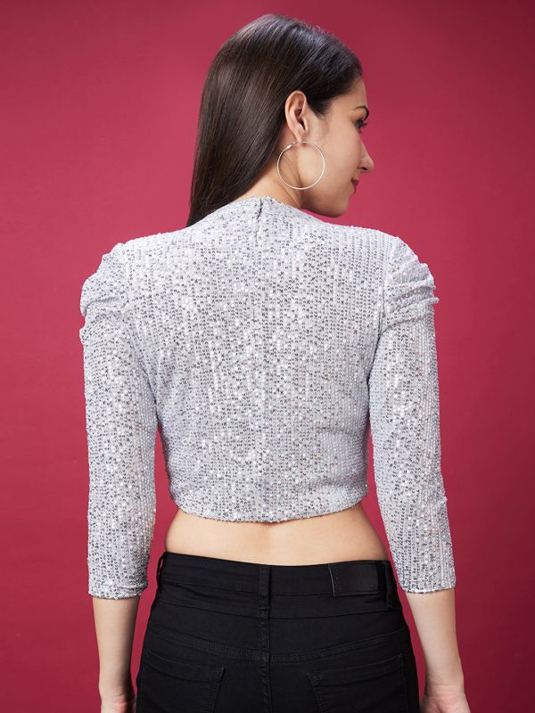 Globus Women Silver Sequinned Stripes Round Neck Crop Party Top