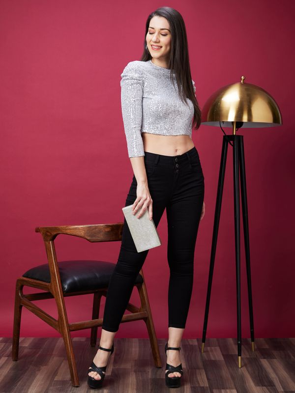 Globus Women Silver Sequinned Stripes Round Neck Crop Party Top