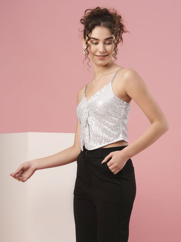 Globus Women White Sweetheart Neck Shoulder Straps Twisted Detail Sequinned Party Top