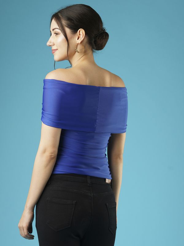 Globus Women Blue Solid Twisted & Ruched Side Detail Stretchable Party Bardot Top