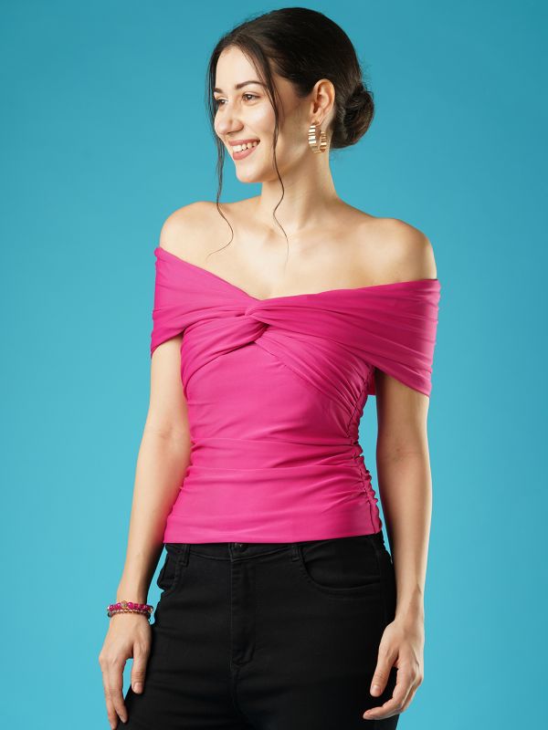 Globus Women Pink Solid Twisted & Ruched Side Detail Stretchable Party Bardot Top