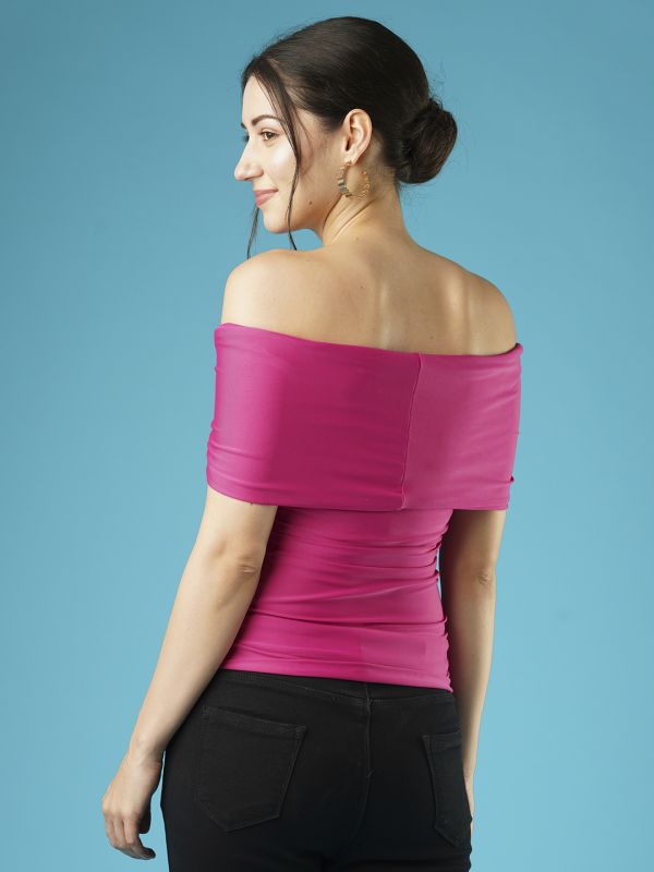 Globus Women Pink Solid Twisted & Ruched Side Detail Stretchable Party Bardot Top
