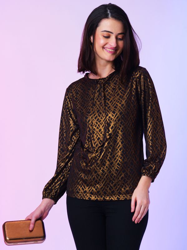 Globus Women Bronze Tie Up Neck Abstract Party Top
