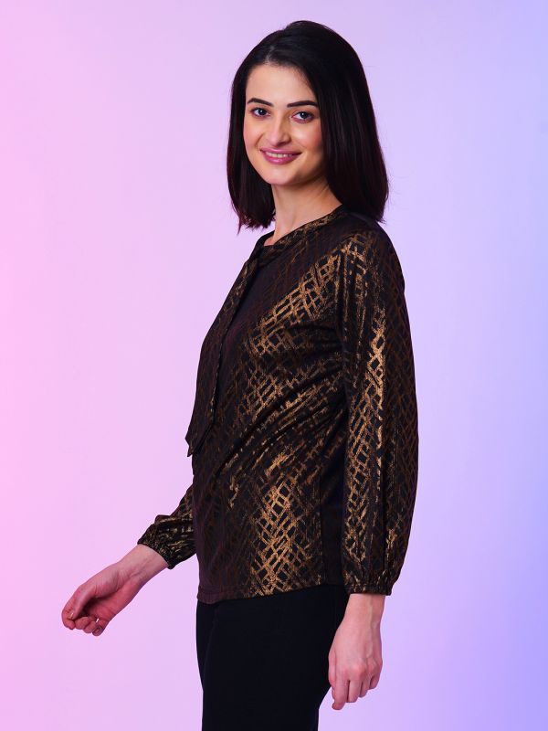 Globus Women Bronze Tie Up Neck Abstract Party Top