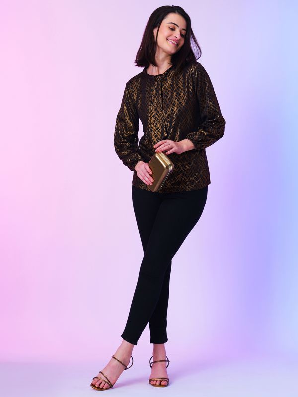 Globus Women Bronze Tie Up Neck Abstract Party Top