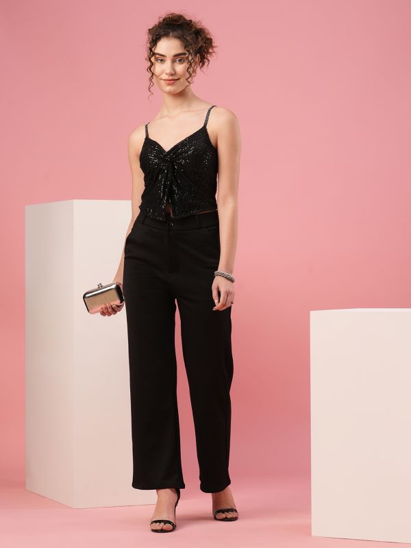 Globus Women Black Sweetheart Neck Shoulder Straps Twisted Detail Sequinned Party Top