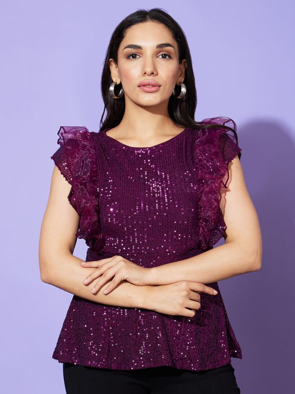 Globus Women Purple Embellished Round Neck Party Top