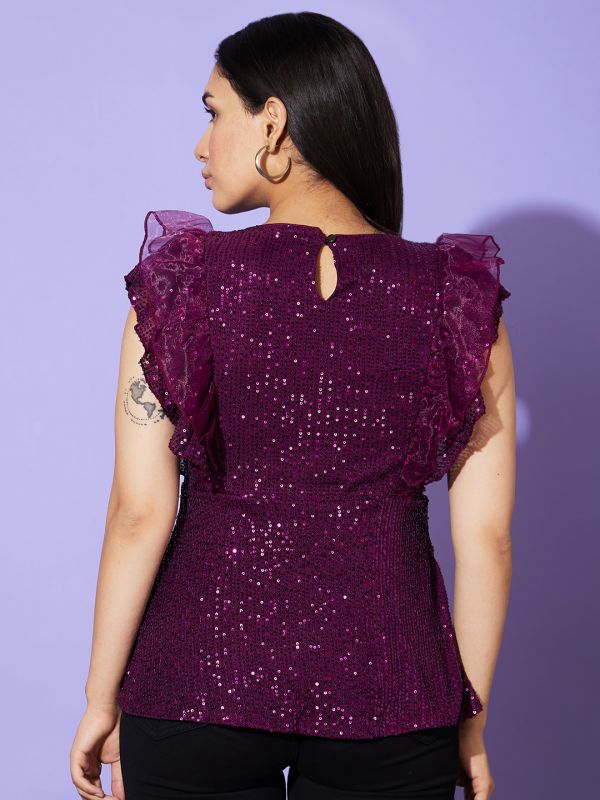 Globus Women Purple Embellished Round Neck Party Top