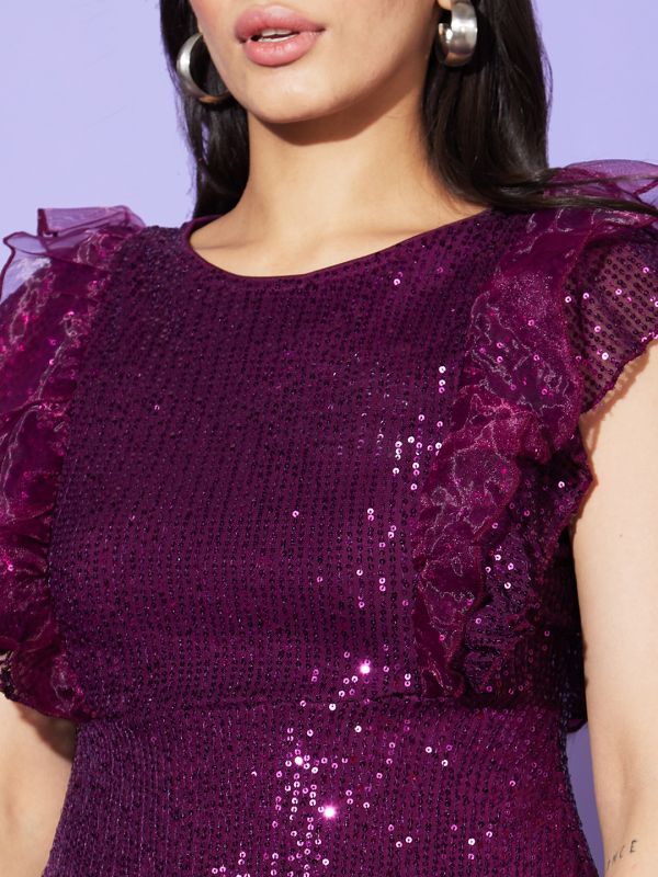 Globus Women Purple Embellished Round Neck Party Top