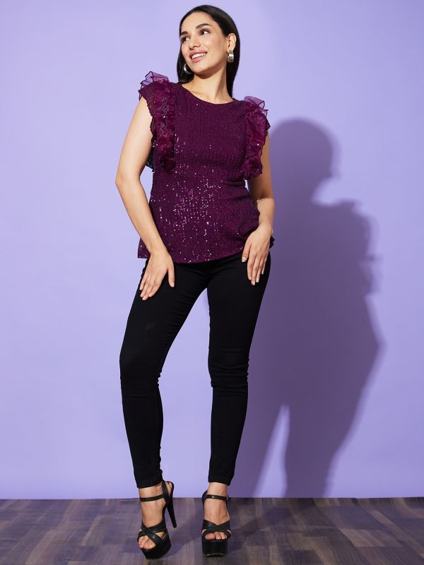 Globus Women Purple Embellished Round Neck Party Top